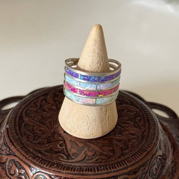 Navajo Handmade Multicolor Opal Inlay 4 row Sterling Silver Ring Size 6.5